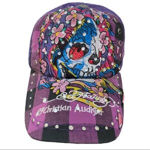 Ed Hardy Christian Audiger Purple Plaid Skull Hat
